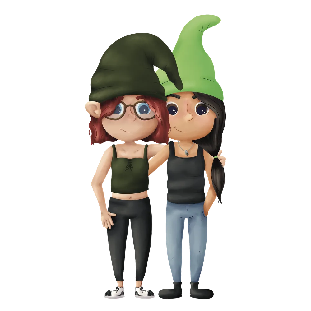 Cathrin und Julia, die Macherinnen von Wichtel Wanda, als Wichtel illustriert